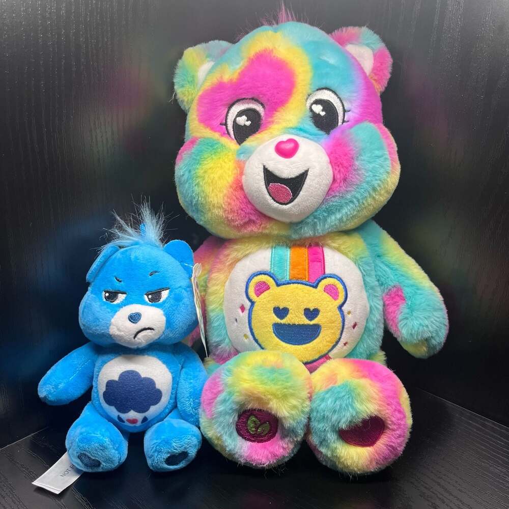 Care Bears Plush Lot Grumpy Bear 8” + Rainbow Bear 14” Stuffed Toys